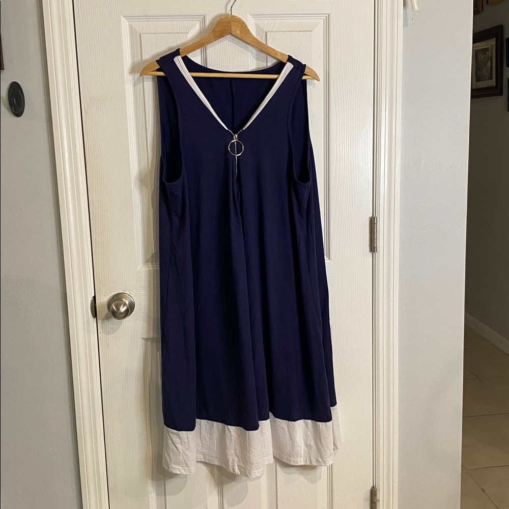 Shein Curve - Plus Size 5XL Blue and White Sleeveless Dress With Zipper Detail